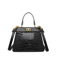 Elegant black crocodile embossed handbag with gold hardware and top handle strap - Black
