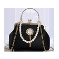 Baroque black lychee leather evening bag with pearl handle and golden chain strap - Pendant Style / Black