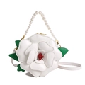 3D white camellia flower shoulder bag with pearl chain handle and red floral core - White