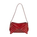 Red glossy leather underarm bag with silver rivets and unique shirt collar fold design - Red