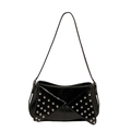 Black glossy leather punk baguette bag with silver studs and triangle flap detail - Black