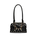 Bolso tote chic de cuero PU negro brillante con cadena de perlas y remaches dorados - Negro sin Colgante