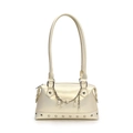 Elegante bolso tote beige con remaches y cadena de metal decorada con perlas blancas - Blanco Sin Colgante