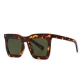 Modern retro square sunglasses with tortoiseshell frames and dark lenses in a 45-degree view - Leopard Green