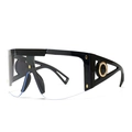 Retro-Oversize-Schild-Sonnenbrille mit schwarzem Rahmen und goldenen Kreis-Details - Schwarz Transparent