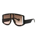 Modern oversized shield sunglasses with black frames, gradient lenses and gold rivet accents - Black Frame Tan Pink Gradient Lens