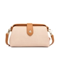 Bolso bandolera de lona beige minimalista con ribete de ecopiel marrón y detalles dorados - Beige/Amarillo
