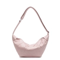 Pink crescent crossbody bag with lychee texture and multi-panel stitching detail - Pink