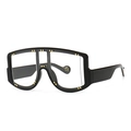 Oversized black shield sunglasses with clear lenses and gold rivet stud details - Black Frame Transparent Lens