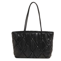 Minimalist black quilted tote bag in glossy faux leather with classic diamond patterns - Black