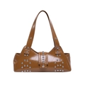Brown glossy leather underarm bag with silver rivet studs and a vintage punk design - Tan