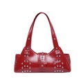 Glossy red patent leather shoulder bag featuring silver punk rivets and mirror finish - Red