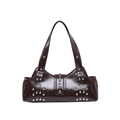 Dark brown patent leather shoulder bag with silver punk rivets in a crescent shape - Coffee