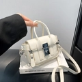 Mini off-white messenger handbag with silver lock and grainy leather texture on books - 11*15.5*5cm / White