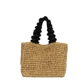 Handmade straw tote bag featuring contrast black ruffled handles for summer beach vacations - Light Khaki