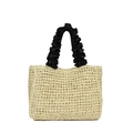 Handmade beige straw tote bag featuring decorative black ruffled satin top handles - Off White