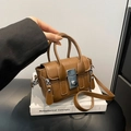 Brown PU leather mini crossbody bag with silver hardware and double handles - 11*15.5*5cm / Brown