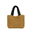 Natural straw woven tote bag featuring contrasting black ruched handles for summer beach - Dark Khaki