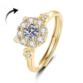 Detailansicht eines drehbaren Sonnenblumenrings mit weißen Zirkonia und Goldband - Sonnenblume Katzenohr Rotierender Stil / Gold