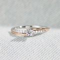 Two-tone geometric ring with a sparkling round centerpiece and side accents on denim - Adjustable Open / Two-tone (Silver & Rose Gold)
