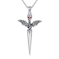 Collana gotica in argento con teschio, gemme rosse, rose e ciondolo a forma di spada - Argento antico