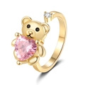 Adjustable golden bear ring featuring a pink heart stone and a sparkling white diamond - Adjustable Open / Gold