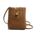 Brown woven leather mini phone bag with golden spherical clasp and slim shoulder strap - Brown