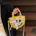 Borsa in paglia gialla e bianca con faccina sorridente e fiocco in pizzo decorato - Giallo (Con Ciondolo)