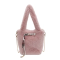 Pink plush faux fur bucket bag with pearl accent and elegant silk scarf handle - Pink