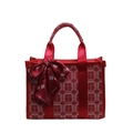 Red bridal tote bag featuring double happiness patterns and decorative satin scarf - Red Small
