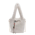 Chic white faux fur bucket bag with a gold chain strap, silk scarf, and pearl detail - Off White