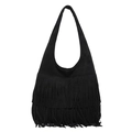 Retro zwarte hobo schoudertas met franjes en matte suède-achtige afwerking - Zwart
