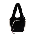Furry black plush bucket bag with floral drawstring and pearl detail on gold chain - Black
