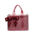 Pink bridal tote bag with red Xi characters and a decorative satin ribbon bow - Pink Small