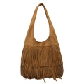 Bruine faux suède tote bag met franjes en schouderband in een bohemian modestijl - Bruin