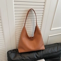 Brown woven texture tote bag with large capacity hobo style for shoulder carry - Brown