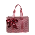 Pink bridal tote bag with double happiness pattern and red silk ribbon bow detail - Pink Large