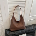 Dark brown woven leather hobo shoulder bag with a minimalist large capacity design - Brown