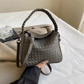 Chic dark khaki hand-woven handbag with thick braided handle and adjustable shoulder strap - Gray