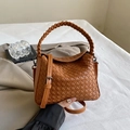 Handmade caramel brown woven handbag with adjustable strap and top handle design - Brown