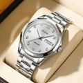 Macro detail of men's automatic watch dial with sunray silver finish and steel strap - Men Silver White