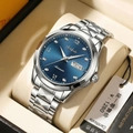 Business quartz watch with blue sunray dial and silver steel strap in a premium gift box - Men Silver Blue