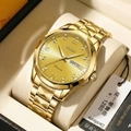 Close-up of gold steel business watch with diamond indices and day-date display - Men Full Gold