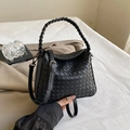 Fashionable black woven leather tote bag with braided handles and adjustable strap - Black