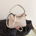 Elegant beige woven leather handbag with matching shoulder strap and textured handle - Off-white