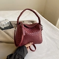 Handmade burgundy woven leather handbag with classic Intrecciato pattern for women - Burgundy