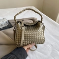 Handcrafted bronze woven tote bag with a metallic finish and adjustable shoulder strap - Champagne Gold