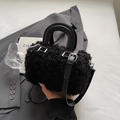 Mini black fuzzy plush Boston bag with leather handles and a sleek crossbody strap - Black