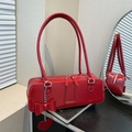 Red PU leather baguette shoulder bag with gold lettering and decorative heart charm - Red