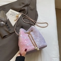 Borsa a secchiello in peluche sfumato rosa e viola con stelle e catena di perle - Viola Sfumato